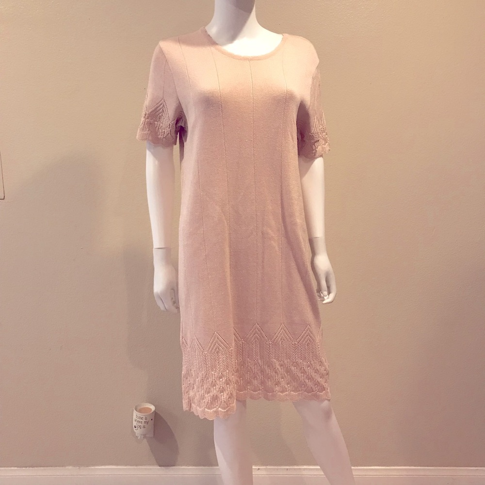Parkhurst Knit Dress NEW Size M Beige Petal Crochet Detail Short Sleeve Neutral